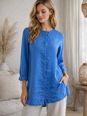 Eileen Fisher Organic Linen Button top or Mini Dress Size Small Lagonlook Beachy